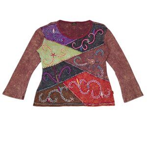 Rising International Nepal Top Shirt Womens XXL Colorful Boho Hippie Embroidered